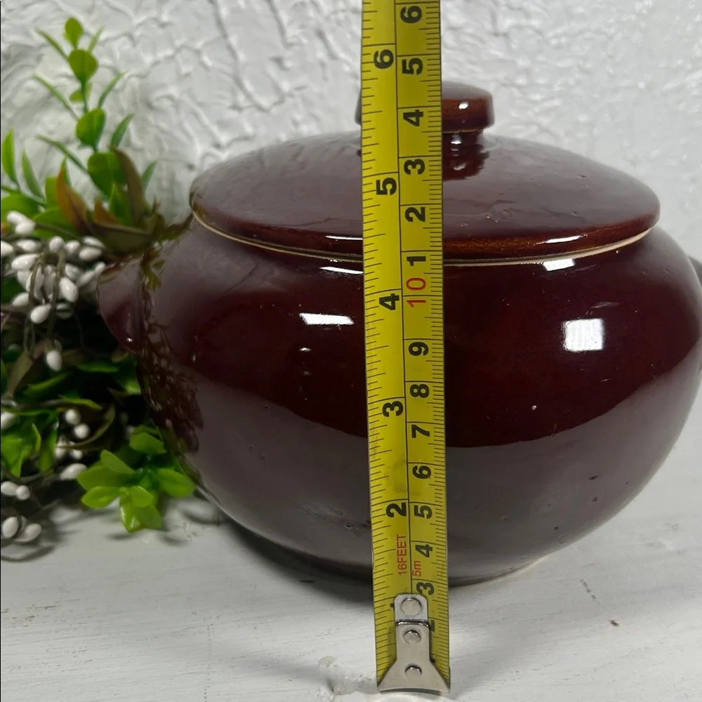 VTG Brown Bean Pot Made in USA Stoneware Dark Brown w/ Lid Handles VTG Farmhouse